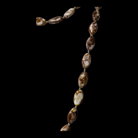 Vintage Earthy Brown & Cream Agate Beaded Necklace 54" Strand Barrell Clasp - Picture 2 of 7